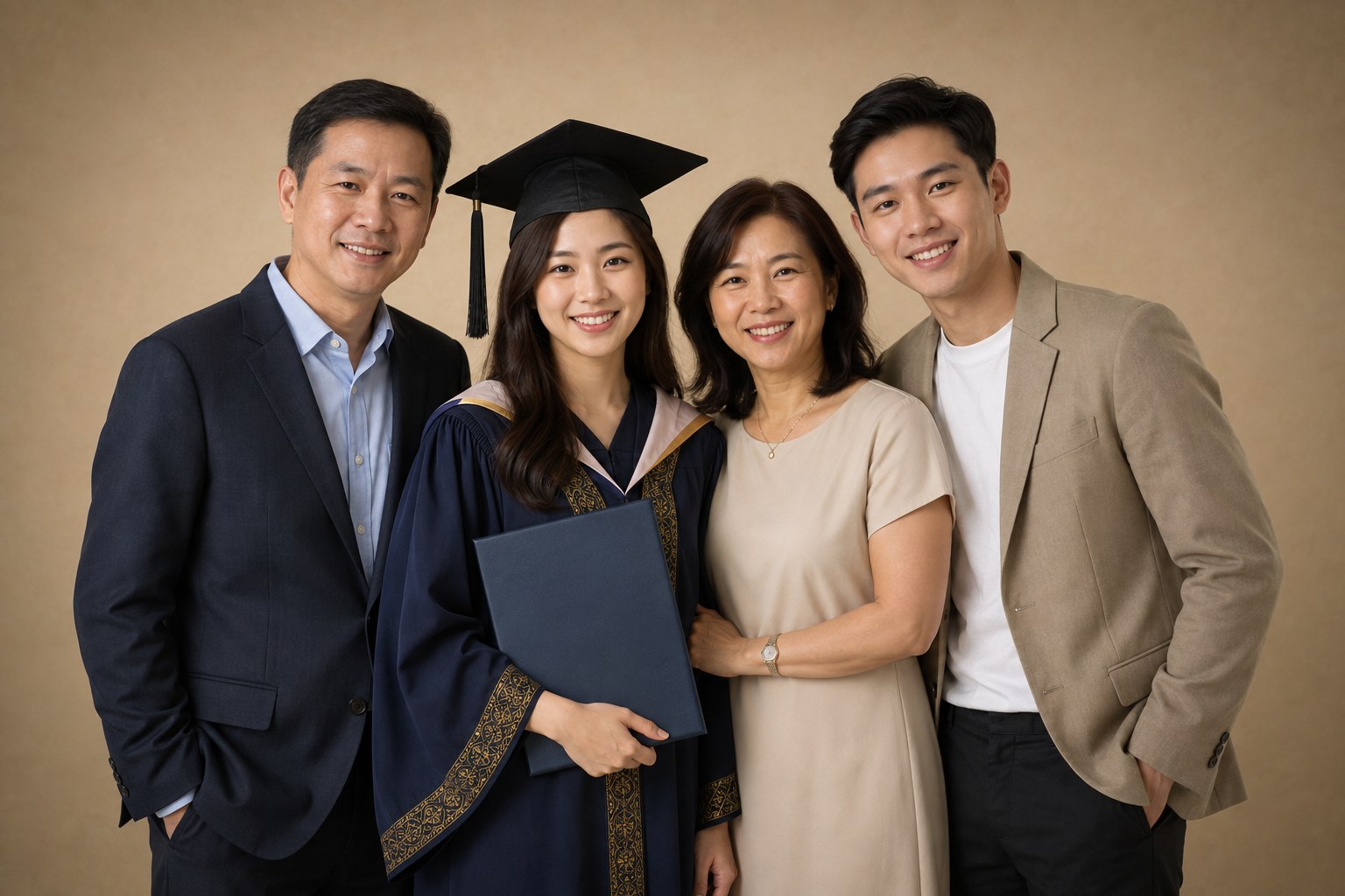 AI-generated graduation family portrait displayed in a warm home