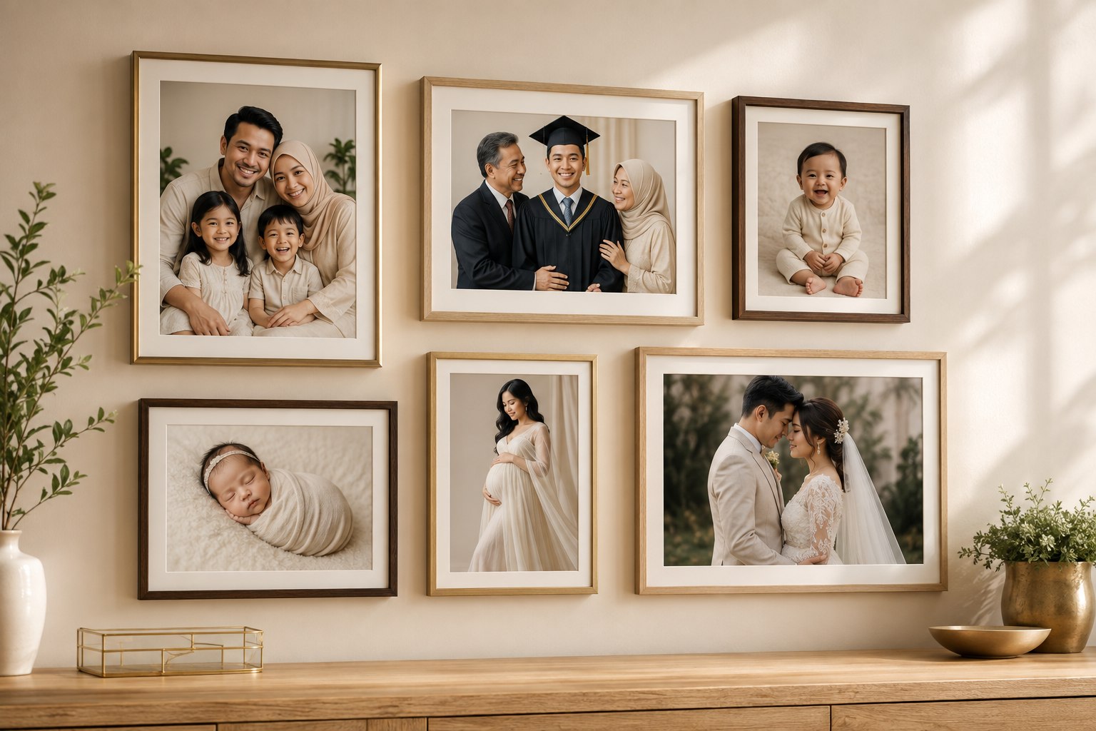 AI-generated gallery wall showing framed family, maternity, newborn, pre-wedding, baby and graduation photography