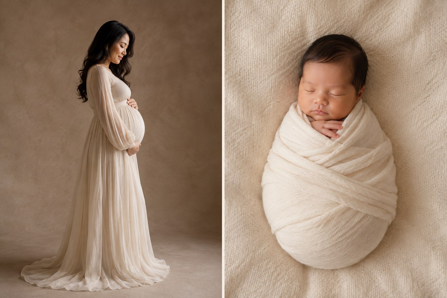 AI-generated maternity and newborn portraits displayed as a paired frame scene