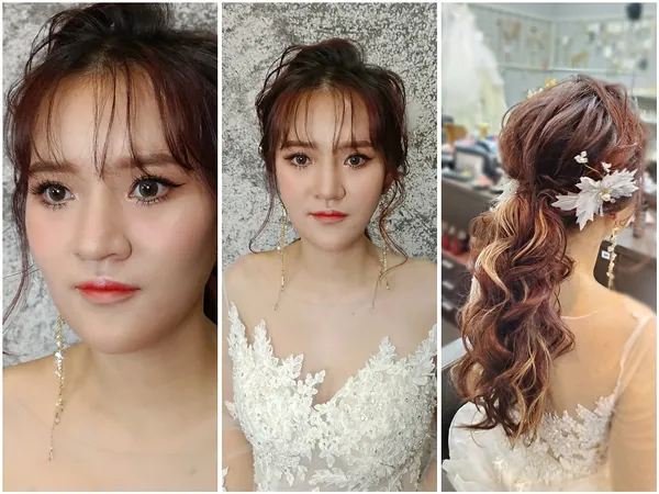 Three views of one bridal look: close-up, white gown and floral side hairdo, by THEENG in Kuantan