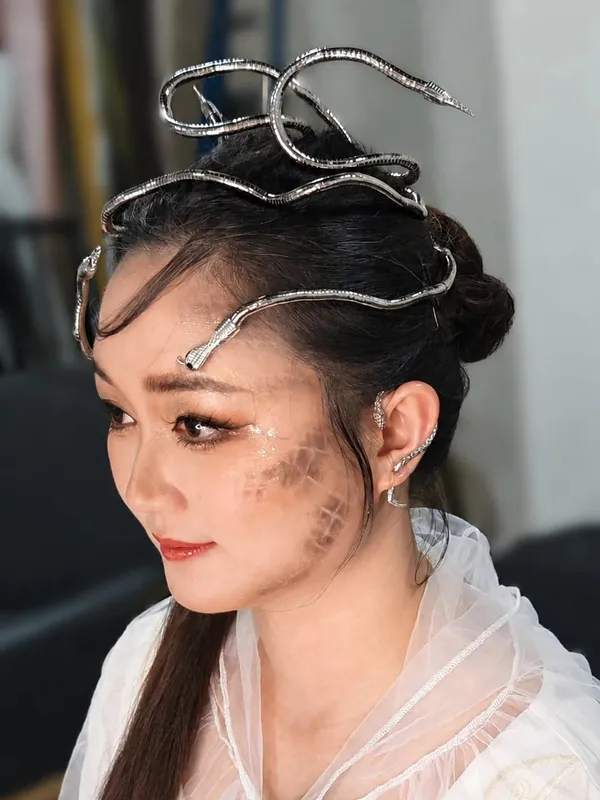 Creative Medusa makeup close-up with painted scale details, by THEENG, makeup artist in Kuantan