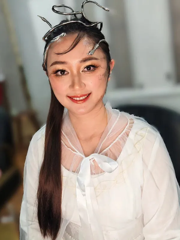 Medusa-themed creative makeup with silver snake headpiece, by THEENG in Kuantan