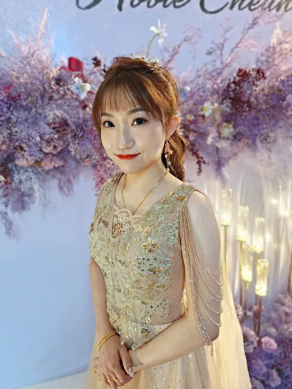Evening glam makeup for a wedding dinner, gold gown and half-up hairdo, by THEENG in Kuantan