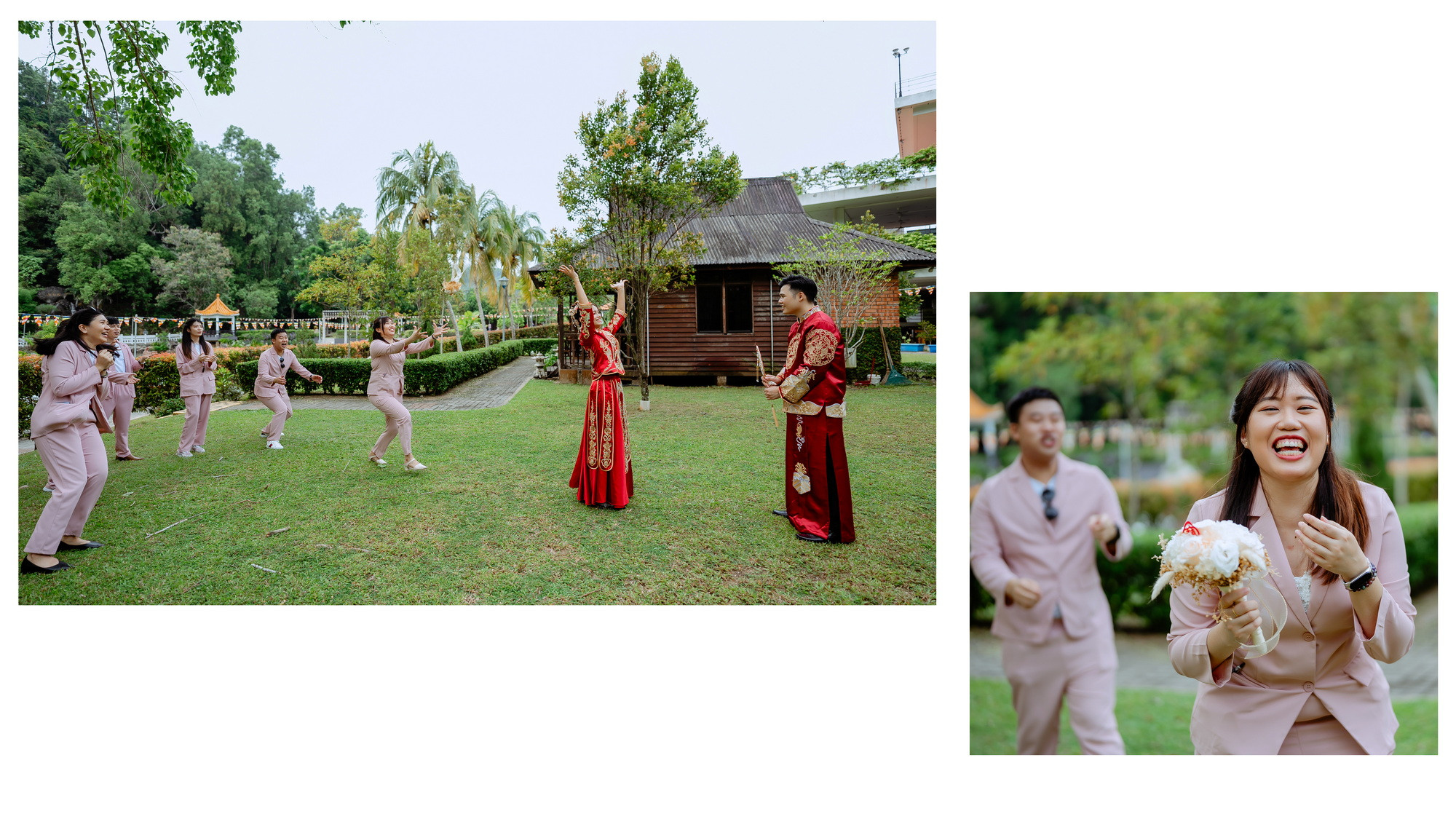 Su Leng & Sook Yin bridal bouquet and gown detail, natural movement frame 77, by Famous Bridal Kuantan