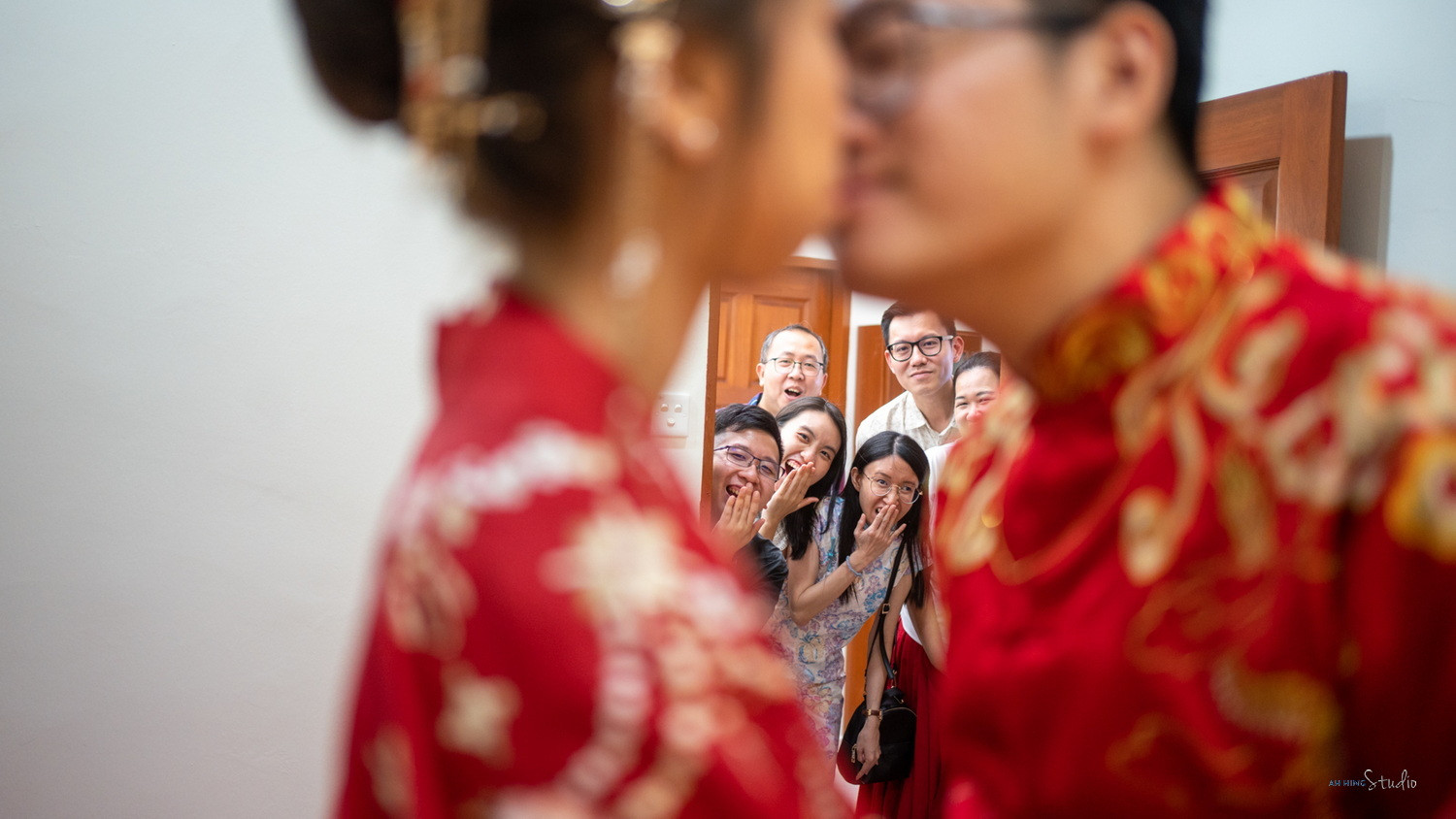 Zhen Hui & May Lee bridal bouquet and gown detail, natural movement frame 157, by Famous Bridal Kuantan