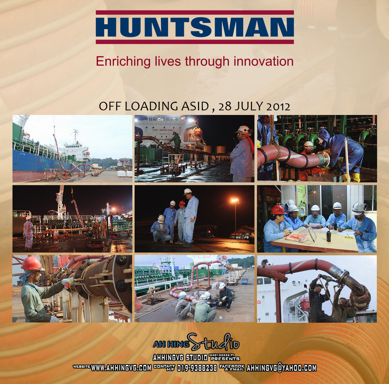 Huntsman safety drill photography collage with emergency response scenes, night operations, and workplace briefing moments