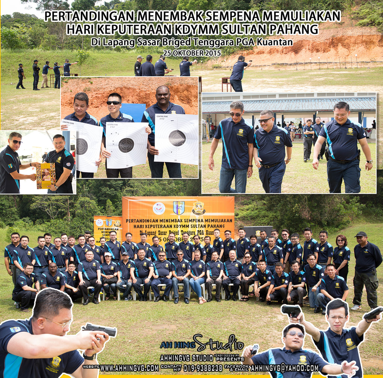 Outdoor sports event photography collage with archery activity, team group photo, and award presentation coverage