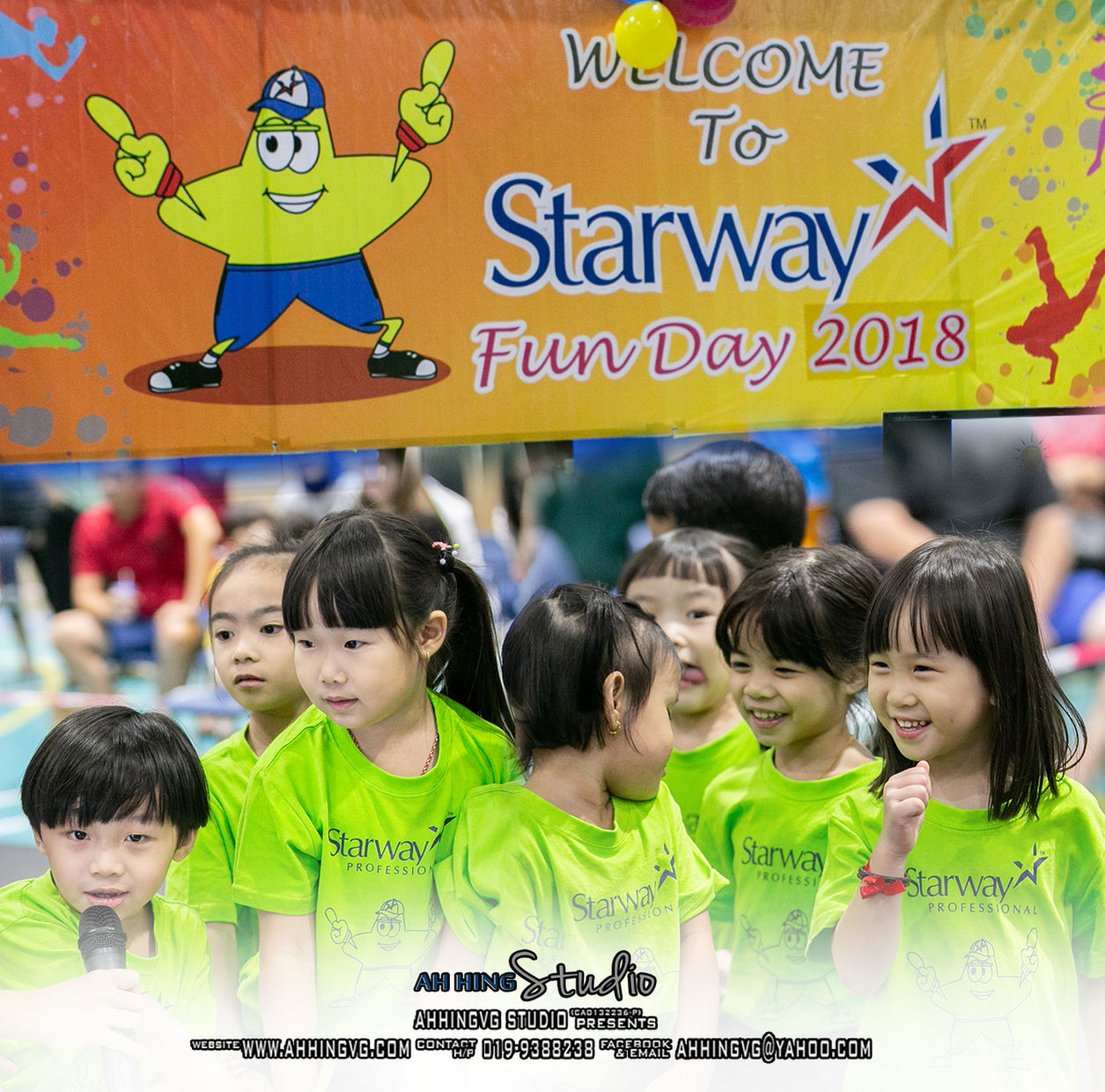 Starway year-end children event photography poster with classroom portraits and colorful school celebration graphics