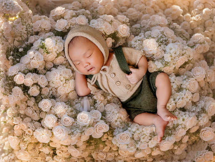 Newborn baby sleeping portrait with props