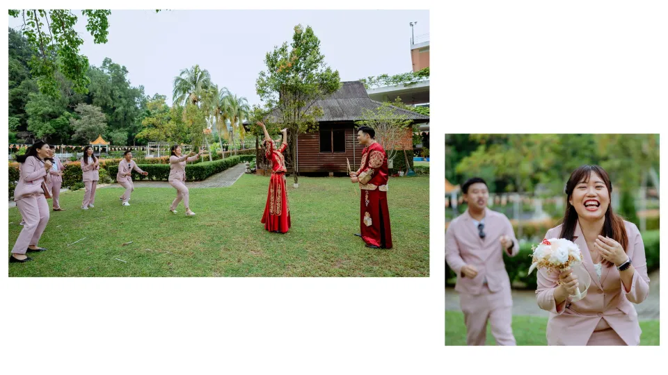 Su Leng & Sook Yin bridal bouquet and gown detail, natural movement frame 77, by Famous Bridal Kuantan